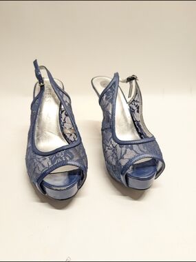 Guess Navy Lace Peep-Toe Slingback Heels